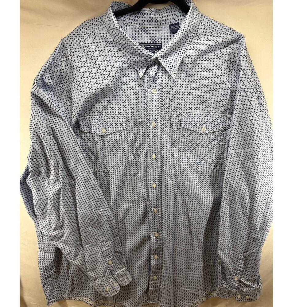Roper Mens 5XLT Big Tall Light Blue Geometric Western Pearl Snap Flip Cuff Shirt